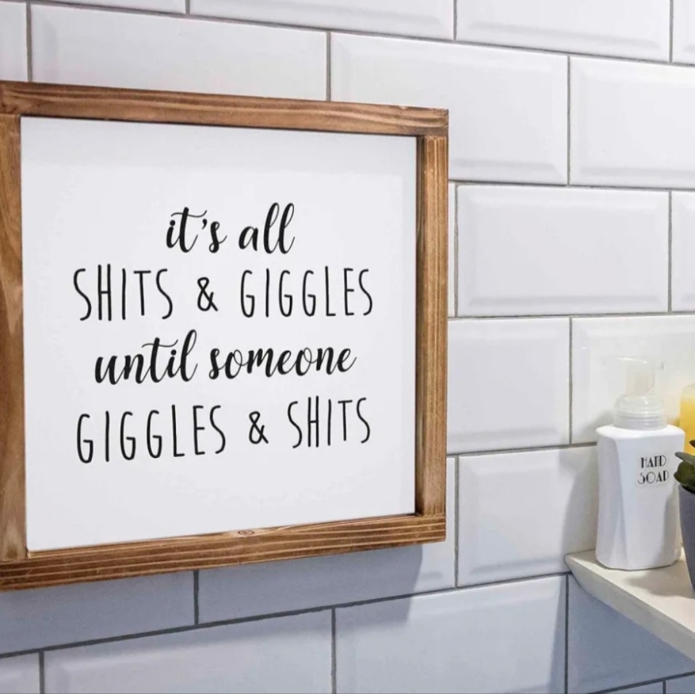 Rustic Brown White Wall Art Decor Humor ITS ALL shits GIGGLES bathroom Sign NEW